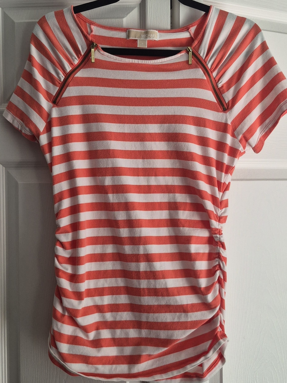 Michael Kors Coral and White Striped Short Sleeve Top